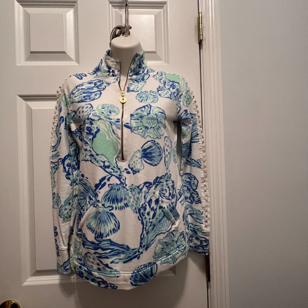 Lilly Pulitzer XXS Barefoot Princess Blue white shell lace skipper popover top
